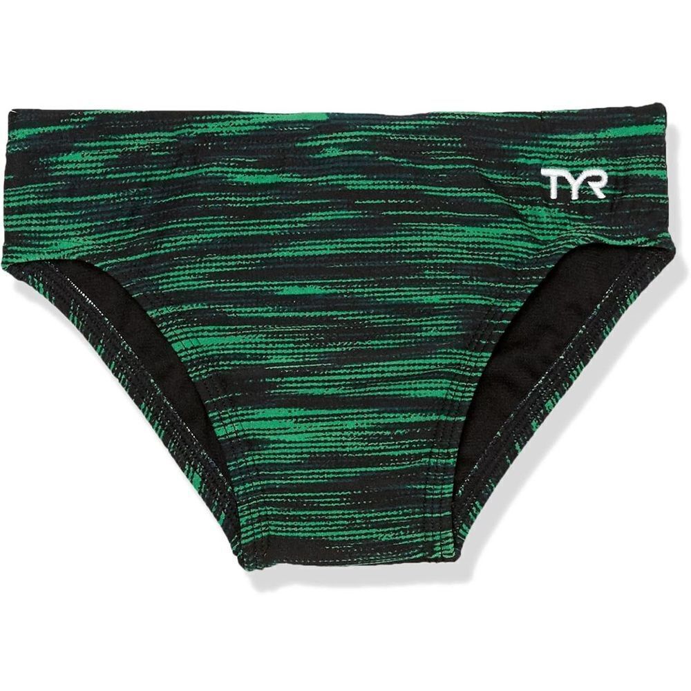 New TYR Boys' Durafast Elite Racer Brief Swimsuit Black Green Fizzy Print 24 / 8